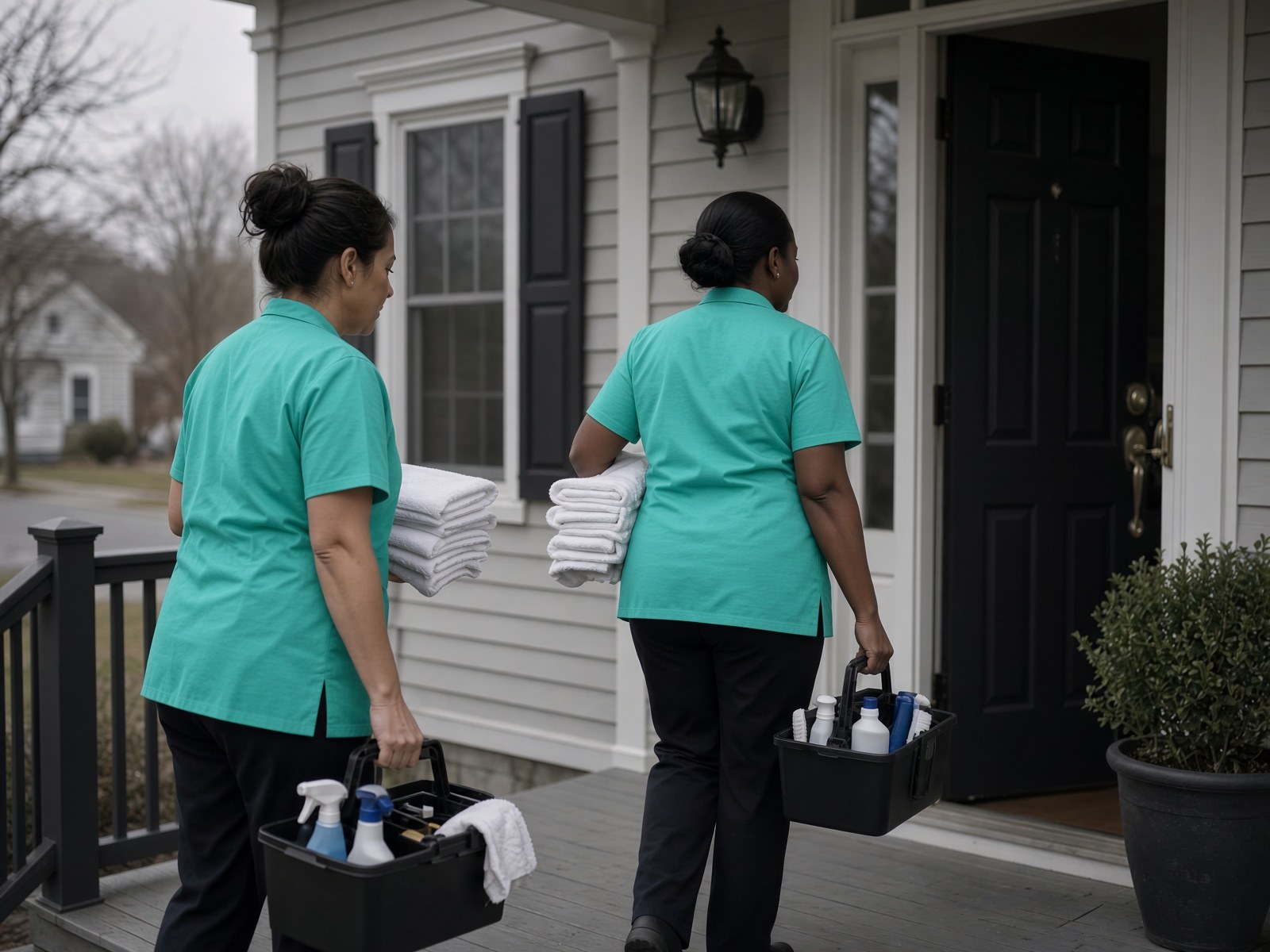 House cleaners arriving at a front porch