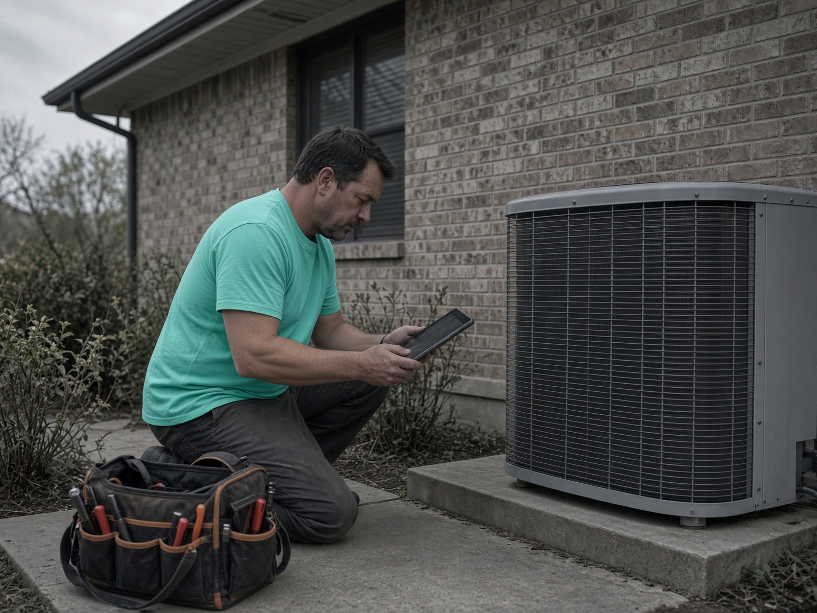 HVAC technician at an outdoor condenser
