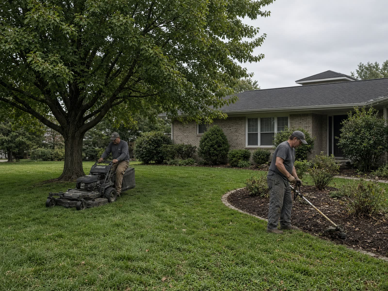 Lawn care crew mowing a front yard