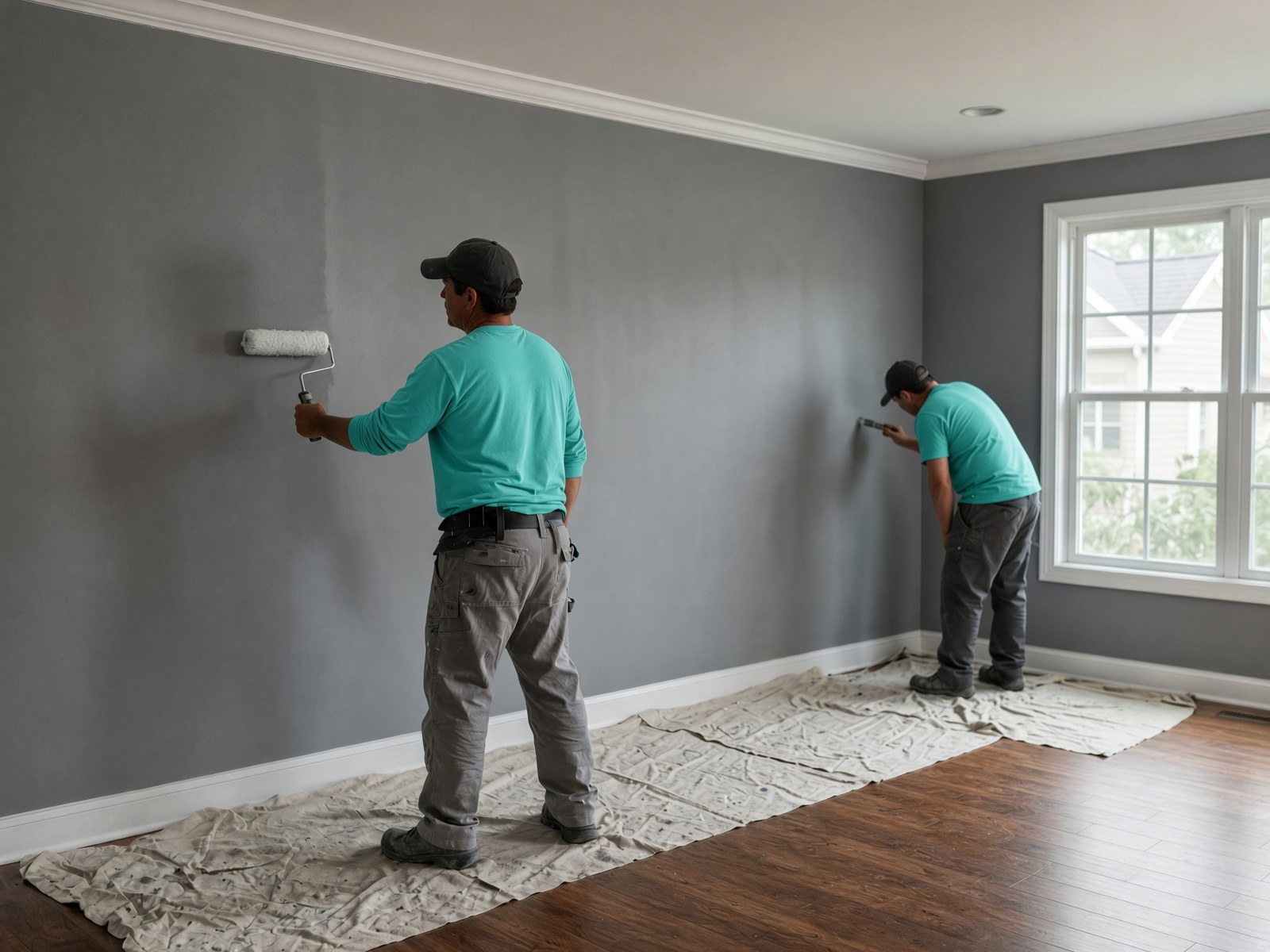 Painters rolling an interior wall