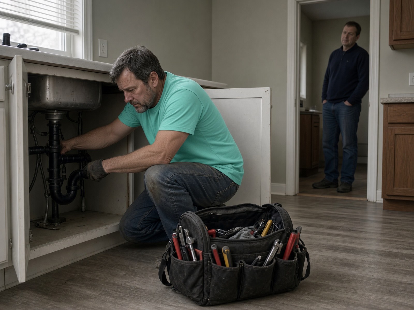 Plumber working under a kitchen sink