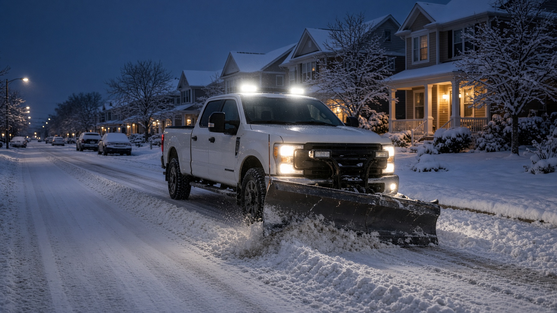 A plow truck clearing a suburban street after a storm